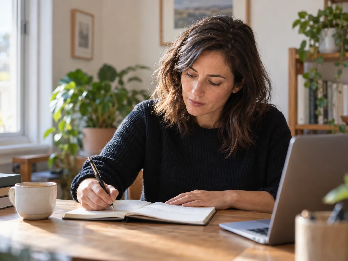 A person at a desk making notes while reading about an online sign-up process
